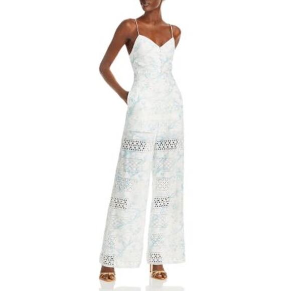 Alice + Olivia Ladies White Eyelet "Shanti" Jumpsuit w/ Blue Nature Print, 4 NWT - Picture 1 of 7